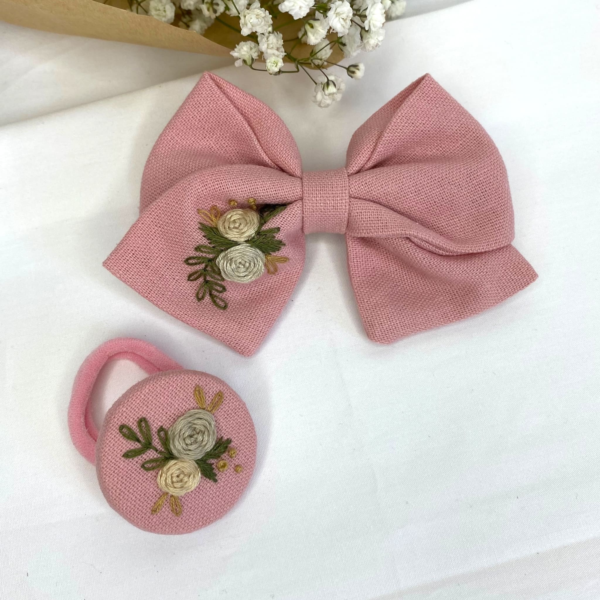 Pink Embroidered Bow + Button Set 
